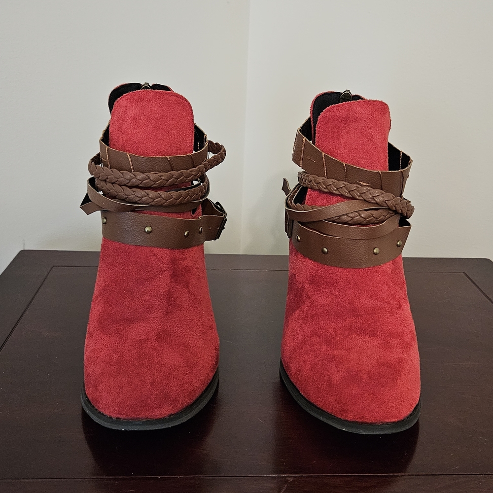 Chic Red Ankle Boots with Braided Straps